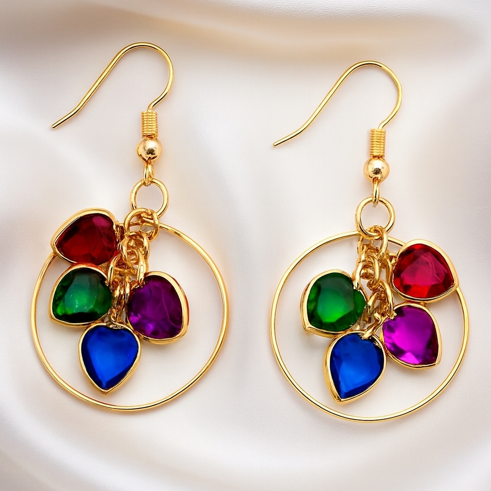 Gold tone Colorful Stone Cluster Disc Hoop Drop Dangle Earrings, Women's Jewelry